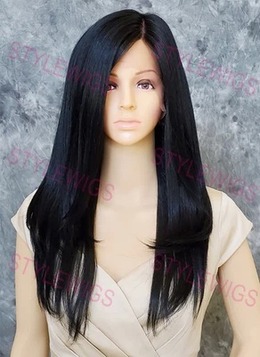 Jet Black Long Straight Heat OK Lace Front/Top Human Hair Blend Wig EVEK 1 - Изображение 1 из 4