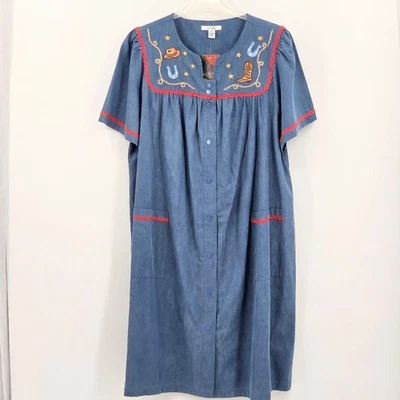 Go Softly Embroidered Cowgirl House Dress Coat XL Denim Western Cowboy Rodeo - Image 1 of 4