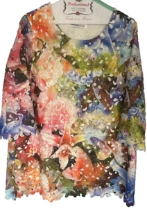 Caroline Rose Top Tunic Spring Floral Cut Out Lace 3/4 Sleeves Size MP Petite - Picture 1 of 12