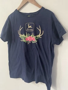 John Deere Womens T-Shirt XL Floral Roses Antlers Gold Sparkle Glitter Navy Blue - Picture 1 of 8