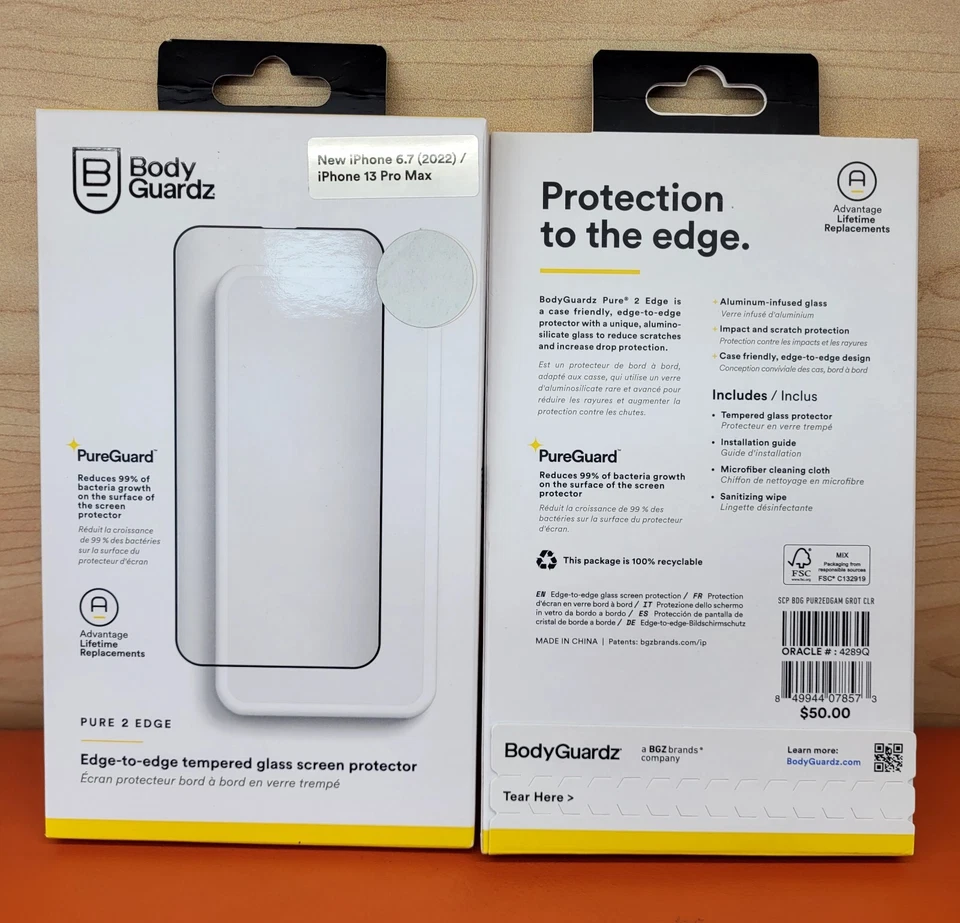 NEW-2PK BodyGuardz Pure 2 Edge Guard TemperedGlass Screen Protector -iPhone 13PM