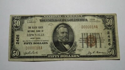 $50 1929 Lowville New York NY National Currency Bank Note Bill #2426 Low Serial - Image 1 of 3