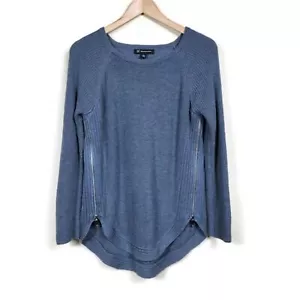 INC Waffle Knit Sweater Top Womans Size PM Blue Side-Zip Crew Neck - Picture 1 of 12