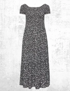 Ex Women’s Plus Size Curve Floral Shirred Bardot Maxi Dress in Black (Defect) - Picture 1 of 7