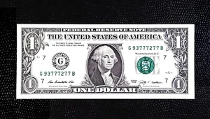 Número de serie de lujo - Billete de $1 - 5 DE UN TIPO 7'S - TRIPLE SÓLIDO - 2009 - G93777277B - Imagen 1 de 3