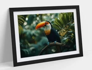 RAINFOREST PAINTING OF TROPICAL TOUCAN -FRAMED WALL ART POSTER PAPER PRINT - Picture 1 of 10