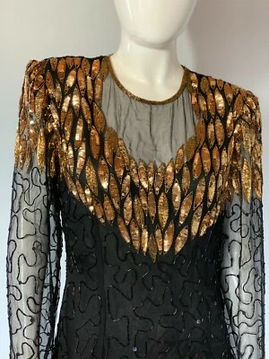 Vintage Sheer Black Silk Gold Beaded Sequin Cocktail Party Dress Sz 6 Small 80's - Image 1 of 4