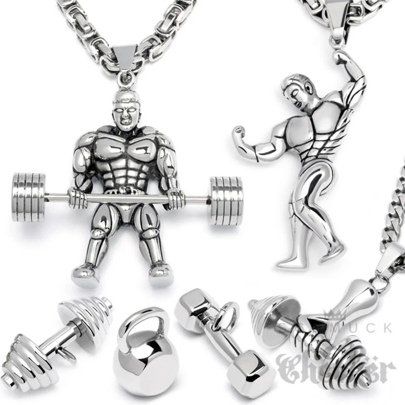 Edelstahl Schmuck Anhänger Hantel Fitness Bodybuilder Training Herren Halskette - Bild 1 von 1