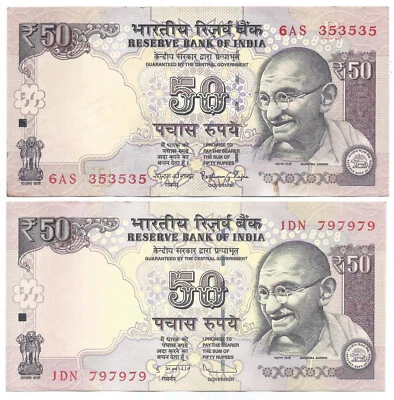 India UNC Set of Rs 50, 2014 & 13 , Rajan & Subbarao, with Triplex Fancy Numbers - Image 1 of 2