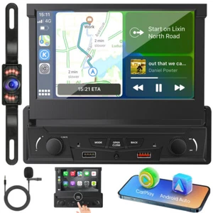 Single 1Din 7" Car Flip Out Radio For Wireless Apple/Android CarPlay Stereo+Cam - Picture 1 of 13