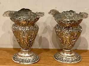 Antique Solid Silver Pair "CHERUB" Vases /  - Continental - 200g 