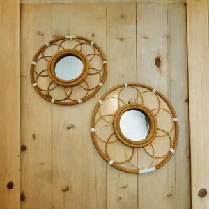 Pair Of Rattan Flower Shaped Wall Mirror 10 x 10 Boho READ - Picture 1 of 9