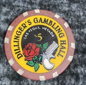 $5 DILLINGER'S GAMBLING HALL Casino Chip Las Vegas NV Silver Chrome Red Rose - Picture 1 of 2