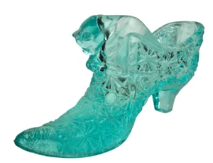 Fenton Art Glass Shoe Light Green (Teal) 60's Cat Head Daisy & Button W/Sticker - Picture 1 of 9