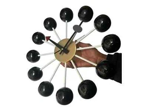Ball Wall Clock Replica  Colorful Black Brass and Wood  1950 Style Vintage Home - Picture 1 of 10
