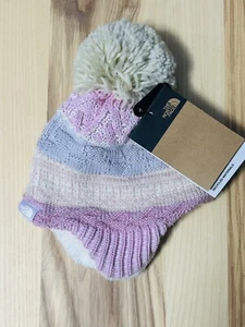 The North Face Baby Fleece Lined Ear Flap Pom Beanie Sz 0-6M Pink Multi - Picture 1 of 3