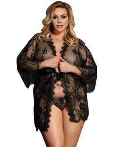 Sexy Plus Size 8-26 Robe Dressing Gown Lingerie Sheer Lace Sleepwear Black Wrap - Picture 1 of 7
