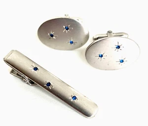 Vintage MCM Mid Century Modern era Sterling Silver & Sapphire Cufflinks Tie Bar - Picture 1 of 2