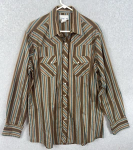 Camicia western uomo vintage Wrangler XL alta marrone a righe perle snap cowboy - Foto 1 di 9