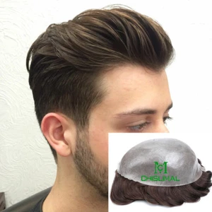 Mens Toupee Hairpiece All PU Skin All Poly Scalloped Front Human Hair Wig Soft - Picture 1 of 46