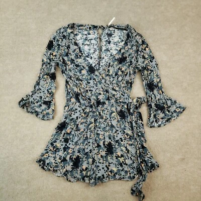 Mameluco Free People para mujer pequeño azul cuello en V envolvente mangas largas botones Foto 1 de 4