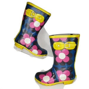 Mini Boden Boots Youth Size 30 Wellies Blue Pink Floral Rain Snow US 12 13 - Picture 1 of 7