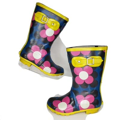 Mini Boden Boots Youth Size 30 Wellies Blue Pink Floral Rain Snow US 12 13 - Image 1 of 4