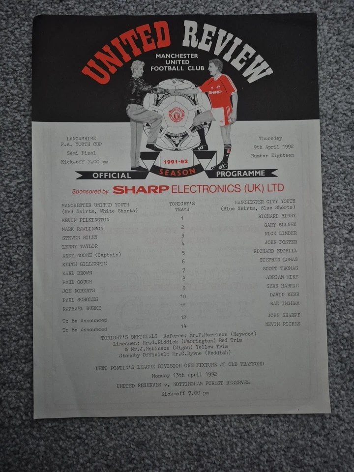 MANCHESTER UNITED YOUTH V MANCHESTER CITY YOUTH 1991-92 LANCS FA YOUTH  CUP SF - Image 1 of 1