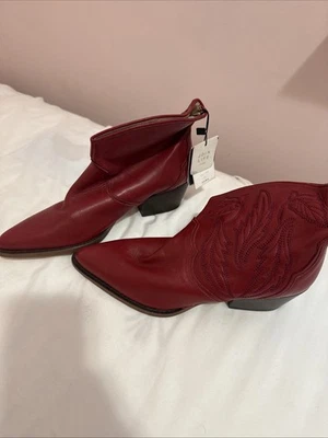 NUEVO CON ETIQUETAS BOTINES ZARA ROJO VAQUERO WESTERN CUERO BORDADO PINTEREST $189 Foto 1 de 4