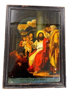 Antike Georg 111 Mezzotinta Rückseite auf Glas Christus Segen kleine Kinder - Bild 1 von 3