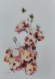 JOSE TRUJILLO Watercolor Painting Collectible ORIGINAL Bees Flowers Red - Picture 1 of 8