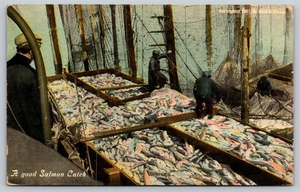 Cartolina Una Buona Cattura Salmone Barca da Pesca Pubblicata Copyright 1907 Astuccio Draper USA - Foto 1 di 2