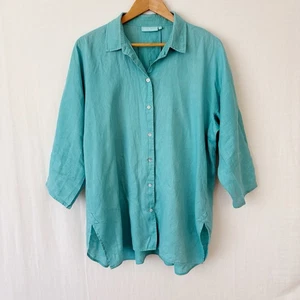 Blue Illusion Shirt Top Size Large Aqua Blue Linen Button Up 3/4 Sleeve Relaxed - Picture 1 of 12