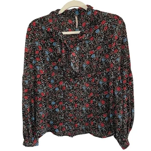 Free People Women’s Floral Bishop Sleeves Ruffle Front Blouse Shirt size small - Picture 1 of 5