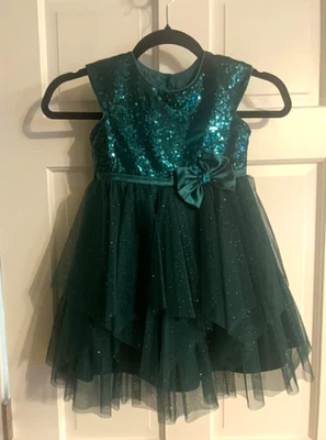 Jona Michelle 连衣裙女孩绿色薄纱亮片闪亮尺寸 4T — 第 1/4 张图片