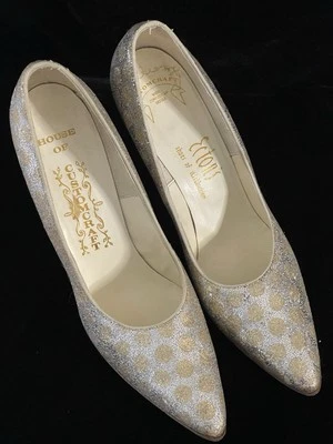 Zapatos de salón estrechos de colección dorados plateados a lunares Eton's Customcraft 7,5 AAAA años 50 60 Foto 1 de 4