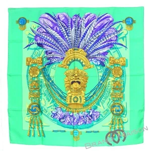 HERMES Scarf Carr 90 mexique Mexico Buddha Inca Carnival Green Purple Women s H - Picture 1 of 4