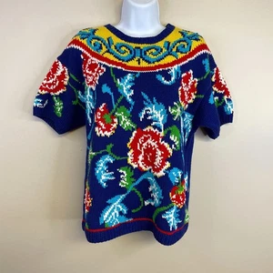 Vintage Womens MAXIMALIST Handknit Sweater Size L Blue BOLD Floral Short Sleeve - Picture 1 of 11