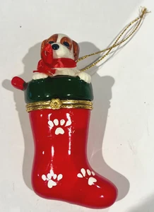 Puppy w/Red Ribbon Bow In Christmas Stocking Hinged Ceramic Trinket Box Ornament - Picture 1 of 10