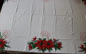 Vintage Christmas Poinsettias Tablecloth 60"x74" Cotton - Picture 1 of 10
