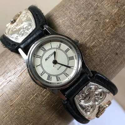 Montana Silversmiths Women Western Black Leather Quartz Analog 23mm Watch 6 3/4" Foto 1 de 4