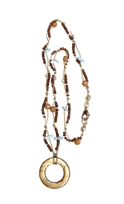 Boho Brown MOP Open Circle Pendant Necklace Blue Stone Chip Wood Beaded Choker - Image 1 of 4