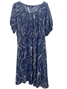Bloomchic Marineblau Druck U-Ausschnitt Tasche Ballon Kurzarm Kleid Größe 1X - Bild 1 von 7