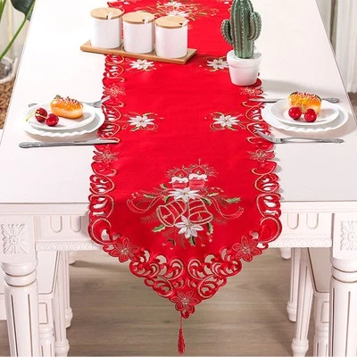 15"x69" Vintage Red Christmas Embroidered Lace Table Runner Dresser Scarf Mats - Image 1 of 4