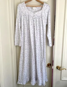 EILEEN WEST White Jersey Knit Long Sleeve Nightgown Size Large Floral Blue Gray - Picture 1 of 5