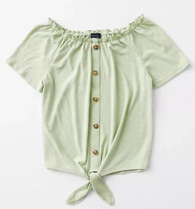 Daytrip Youth Girls Large 12 Green Button Detail Tie Front Off The Shoulder Top - Picture 1 of 5