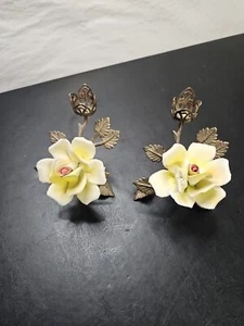 Porcelain & Brass Rose 6" Short Candlestick Holders W/defect Tabletop Or Mantel - Picture 1 of 21