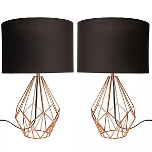 Set of 2 Copper Table Lamp Bedside Lights Geometric Design Black Shade - Picture 1 of 7