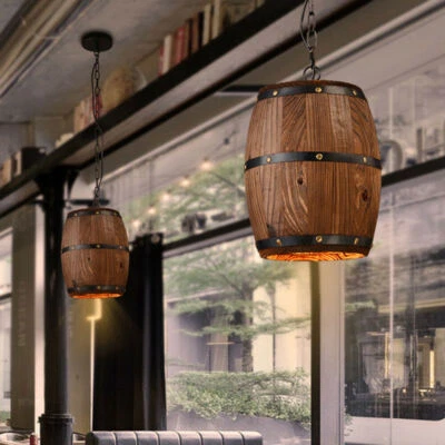 2pc Retro Wood Wine Barrel Ceiling Lamp Indoor Decor Pendant Lamp For Cafes Bars - Image 1 of 4
