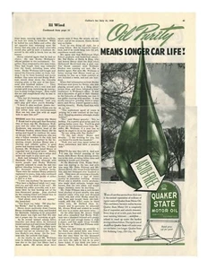 Vintage 1939 Quaker State Motor Oil Acid Free Print Ad from Colliers 7/15/1939  - Picture 1 of 1